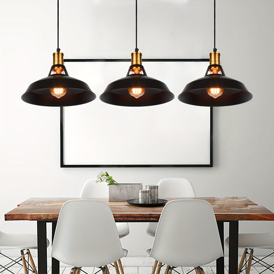 Industrial Black Metal Pendant Light Set with Brass Accents - 3-Piece
