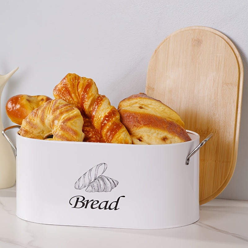 White Oval Bread Box with Bamboo Cutting Board Lid