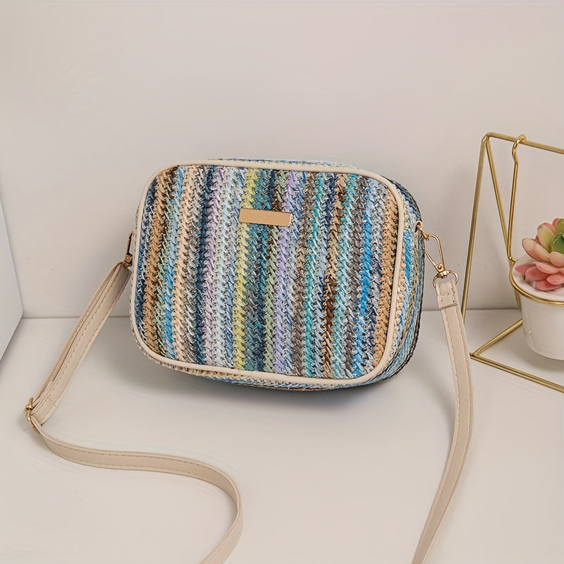 Woven Striped Shoulder Bag for Women with Zipper Closure