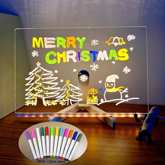 USB LED Message Board with 12 Colored Markers - Wipeable Acrylic Noteboard for Home and Office