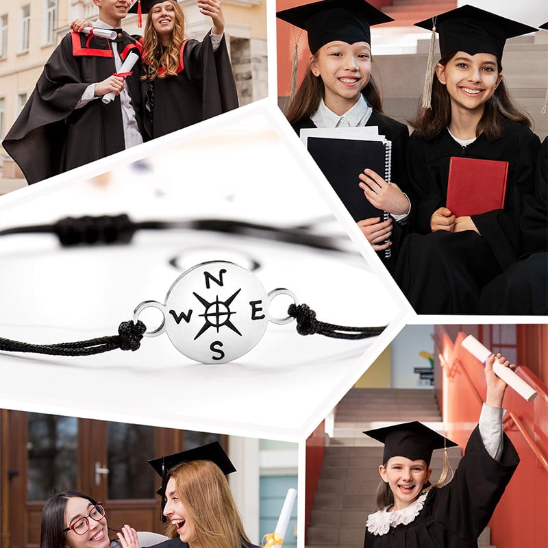 Adjustable Black Braided Graduation Bracelet with Compass Charm