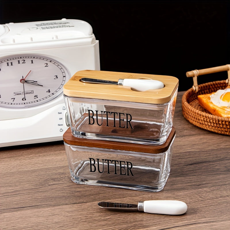 Acacia Wood Lid Glass Butter Dish with Spreader