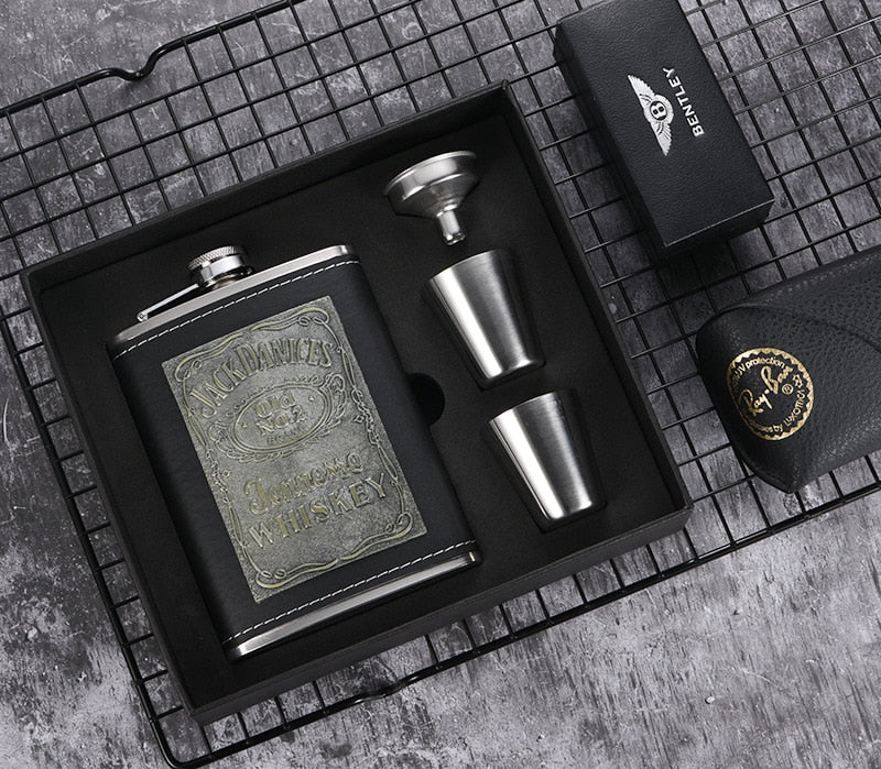 8oz Stainless Steel Hip Flask Gift Set with Alcohol Funnel and Embroidered Silk Box