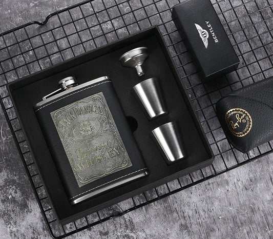 8oz Stainless Steel Hip Flask Gift Set with Alcohol Funnel and Embroidered Silk Box