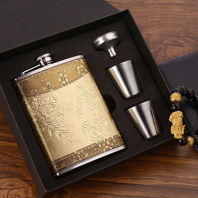 8oz Stainless Steel Hip Flask Gift Set with Alcohol Funnel and Embroidered Silk Box