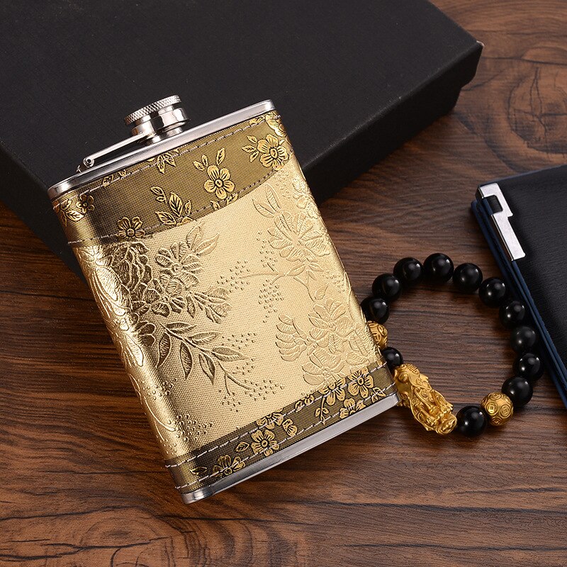 8oz Stainless Steel Hip Flask Gift Set with Alcohol Funnel and Embroidered Silk Box