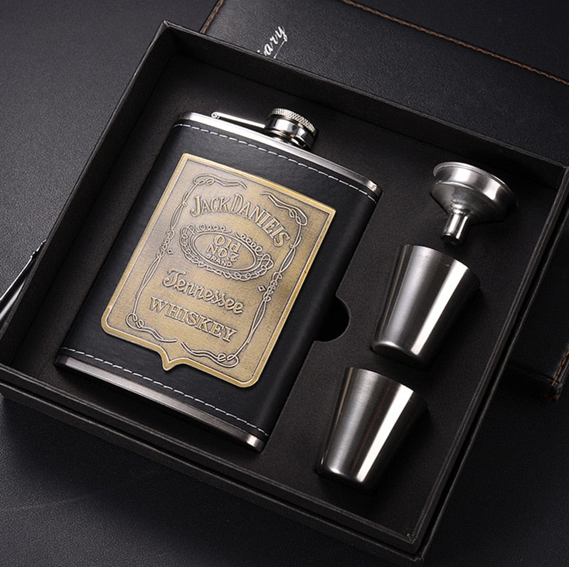 8oz Stainless Steel Hip Flask Gift Set with Alcohol Funnel and Embroidered Silk Box