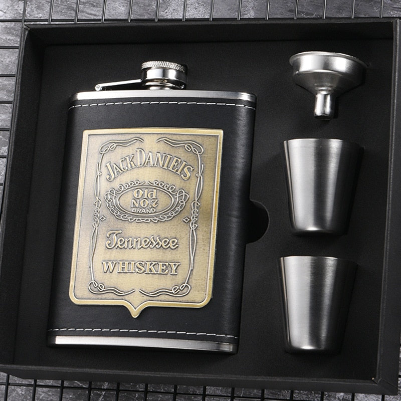 8oz Stainless Steel Hip Flask Gift Set with Alcohol Funnel and Embroidered Silk Box