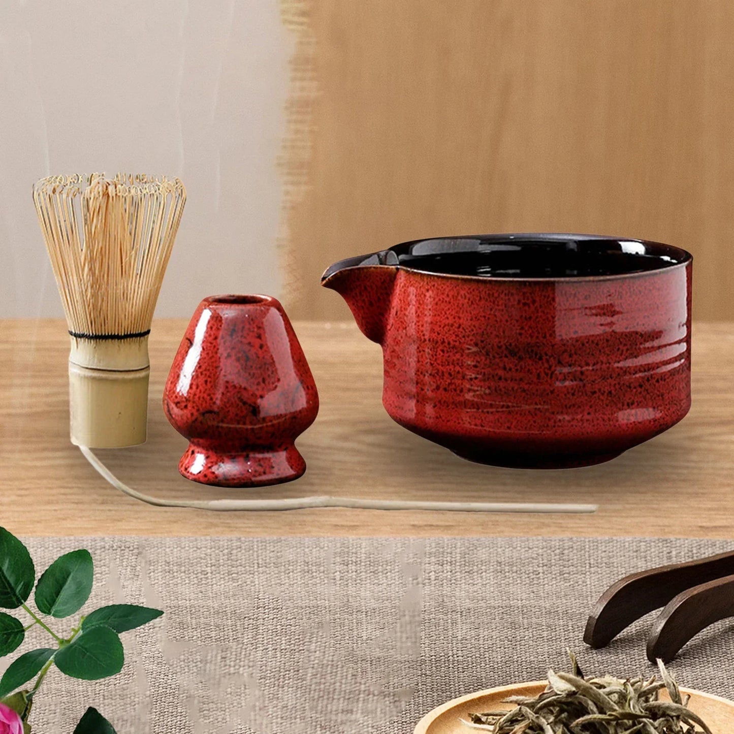 Japanese Matcha Tea Set with Ceramic Bowl and Bamboo Whisk