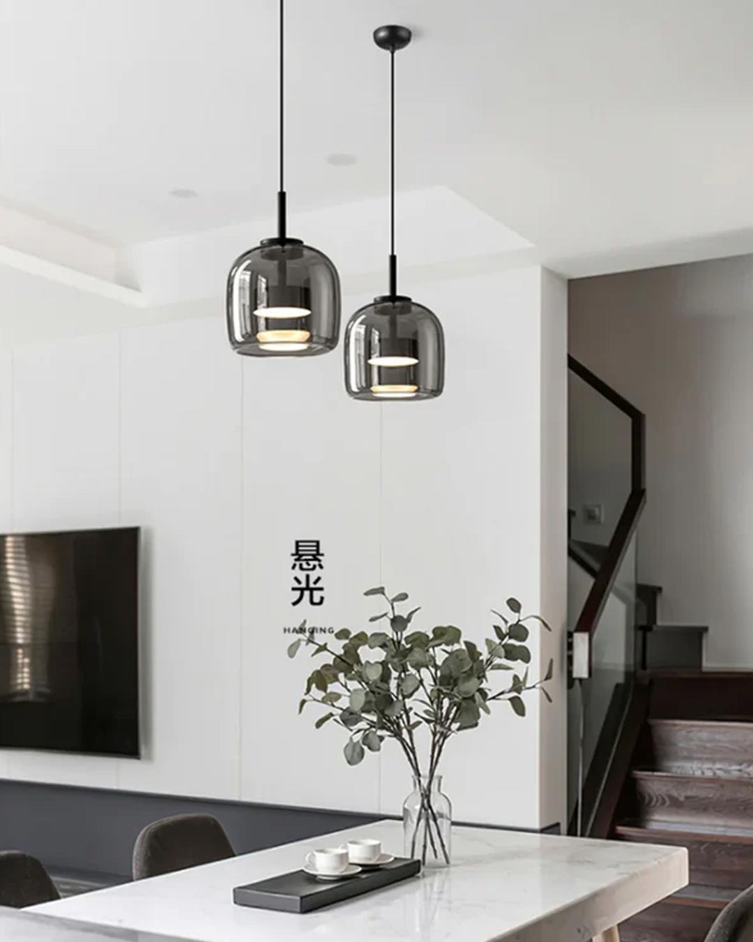 Smoke Glass Pendant Light Chandelier - Set of 2
