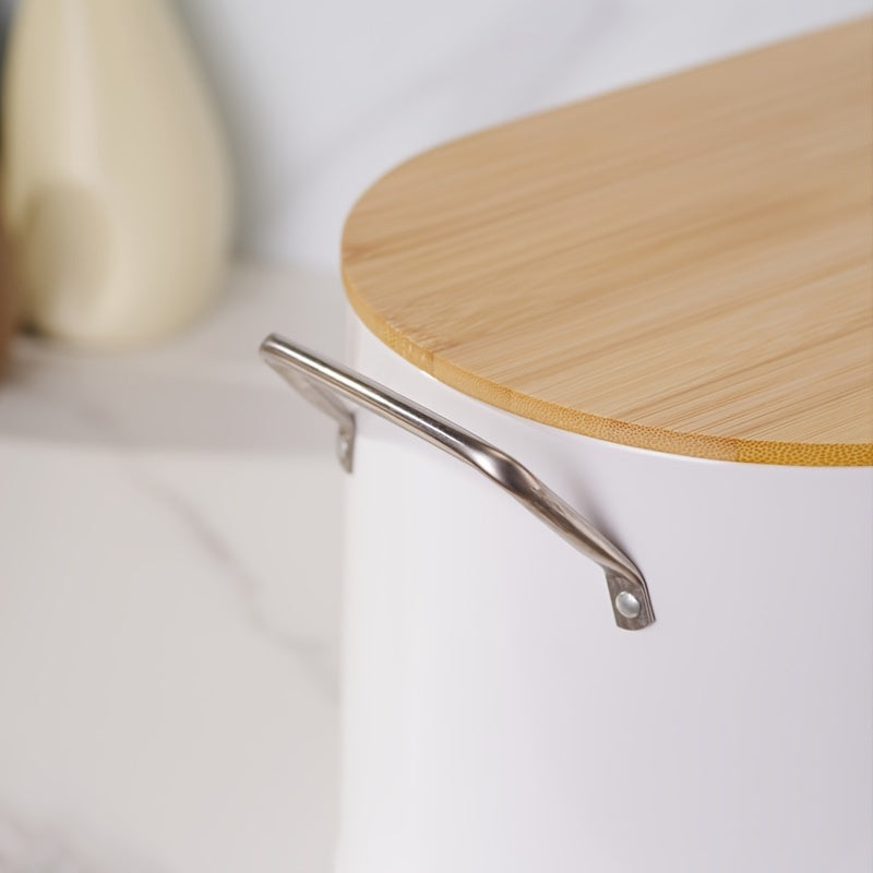 White Oval Bread Box with Bamboo Cutting Board Lid