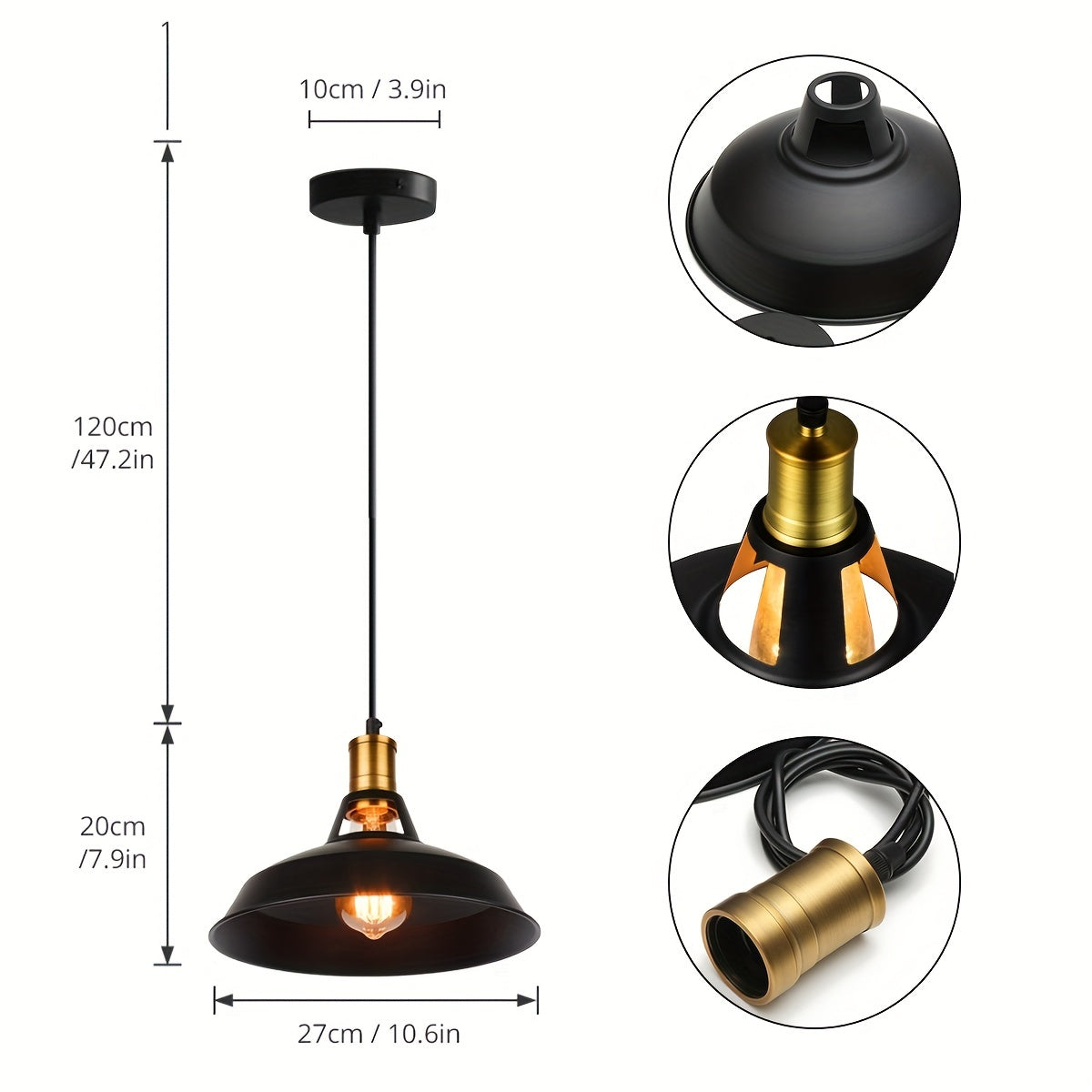 Industrial Black Metal Pendant Light Set with Brass Accents - 3-Piece