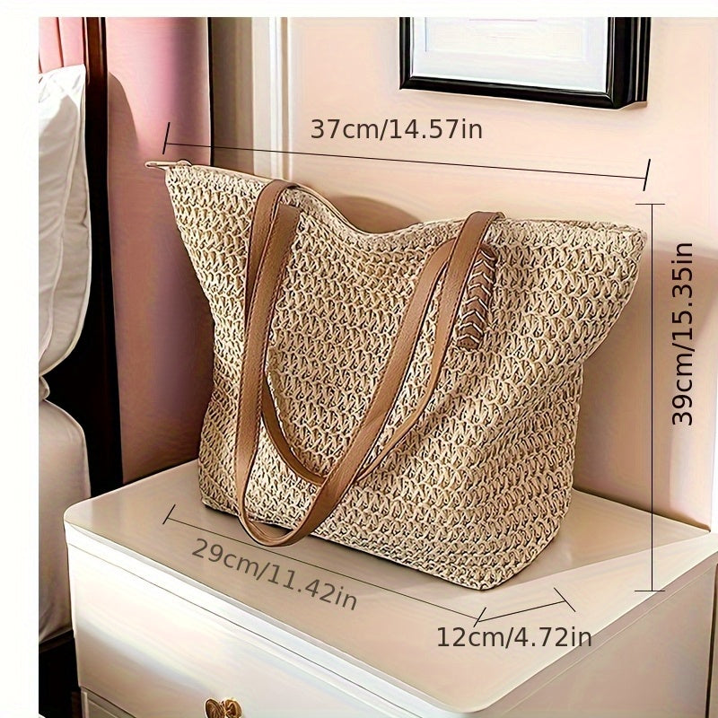 Spacious Woven Straw Beach Tote with Zipper Closure