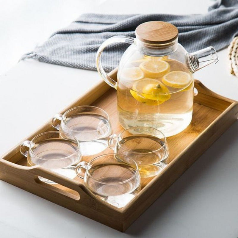 Scandinavian Borosilicate Glass Teapot Set with Oak Tray and Cups