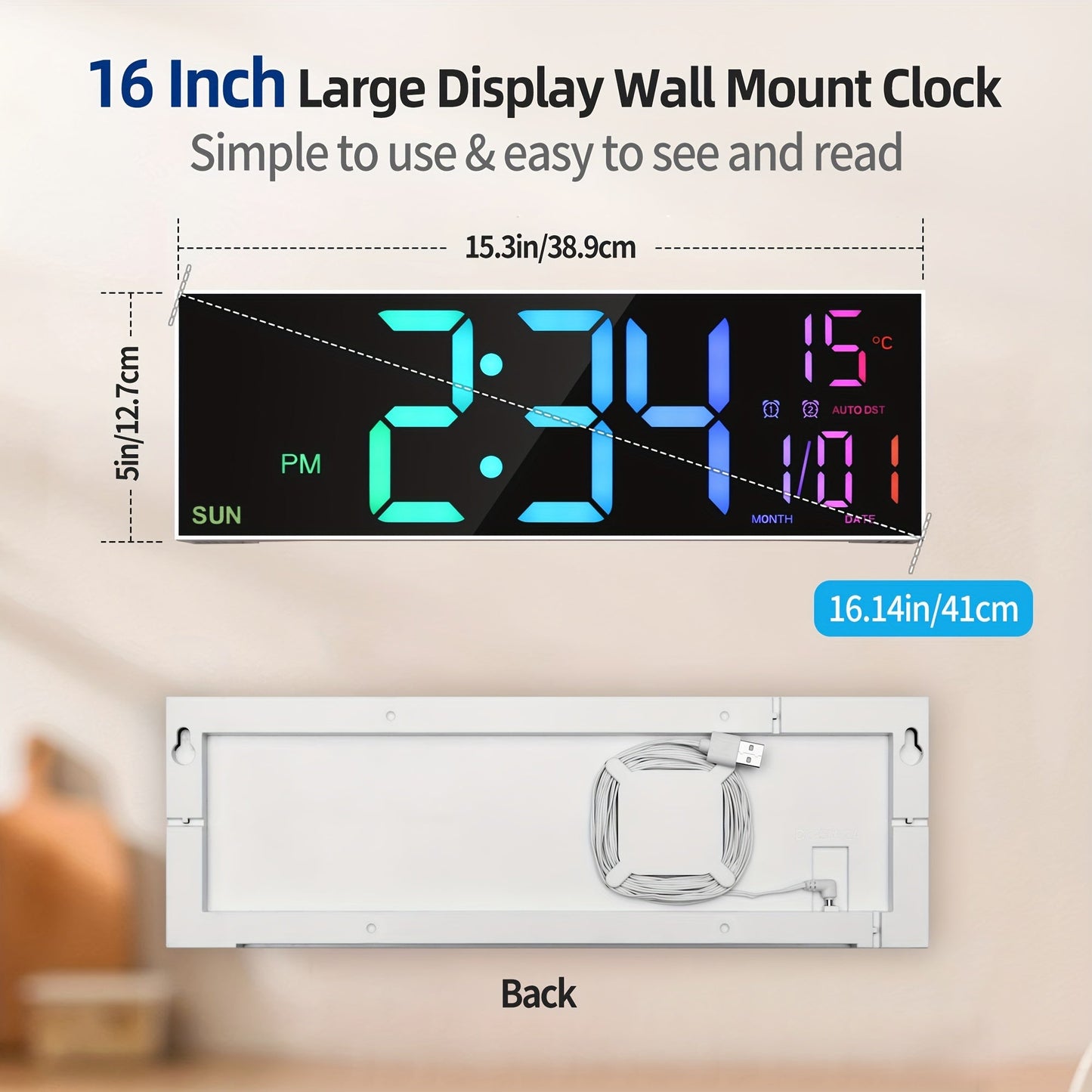 16-Inch RGB Digital Wall Clock with Remote Control and Auto Brightness