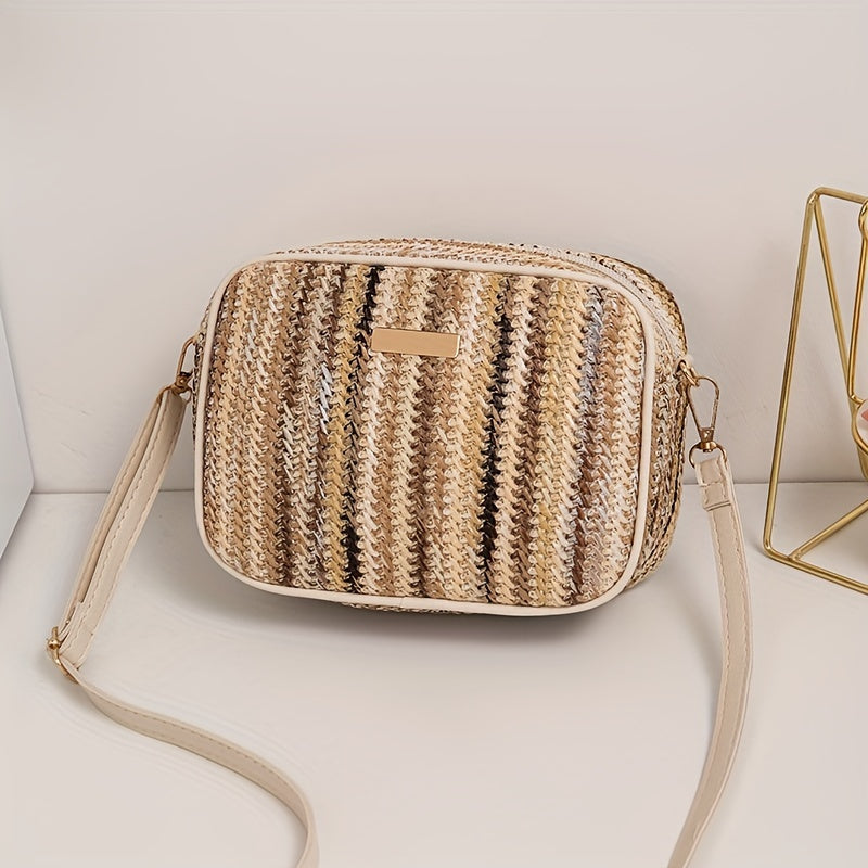 Woven Striped Shoulder Bag for Women with Zipper Closure