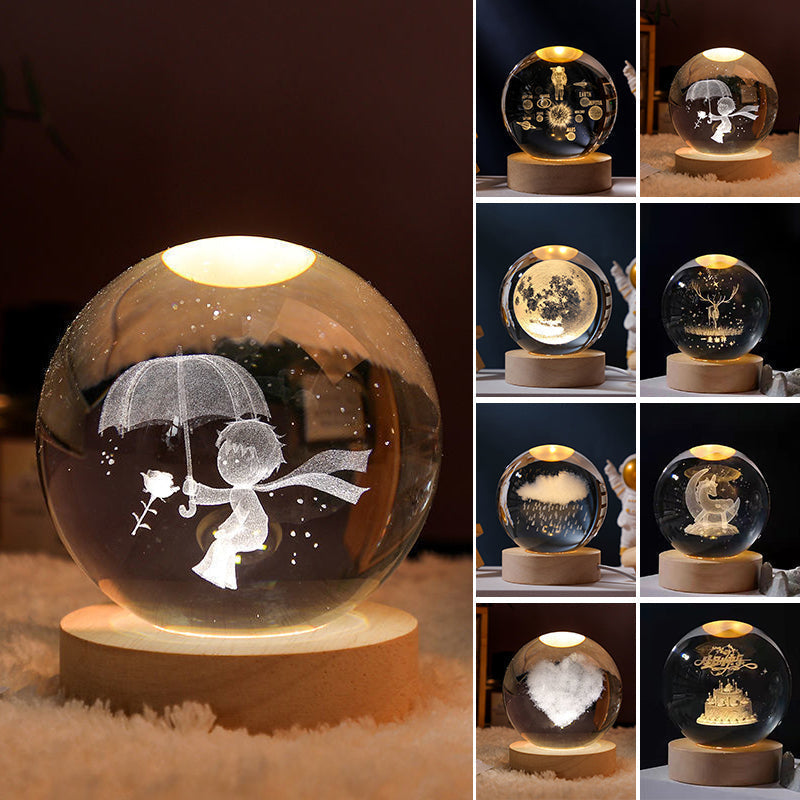 3D Solar System Crystal Ball Night Light with Wooden Base