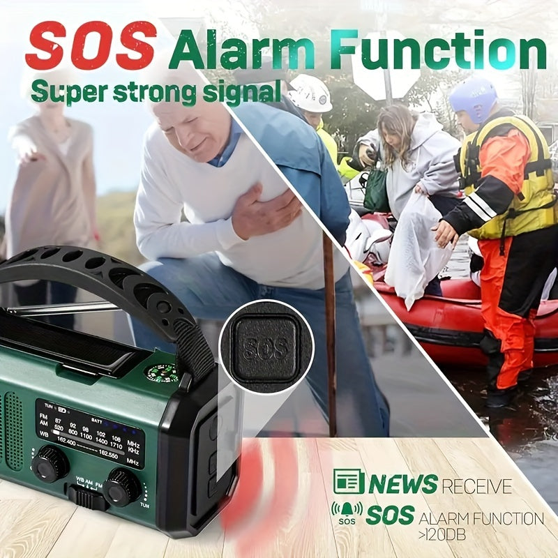 Emergency Solar Crank Radio with 10,000 mAh Power Bank, LED Light, SOS Alarm, and Compass