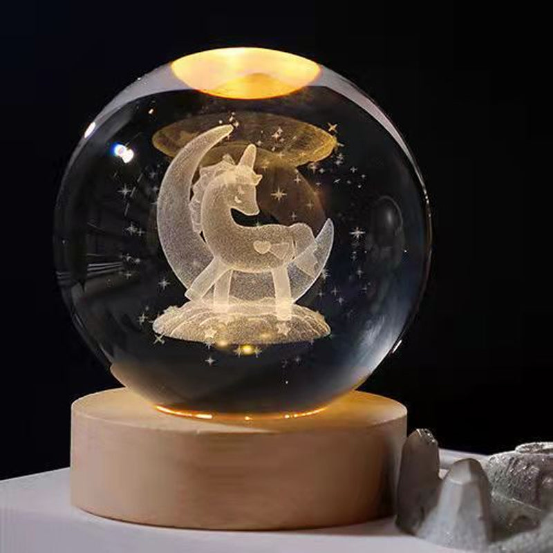 3D Solar System Crystal Ball Night Light with Wooden Base