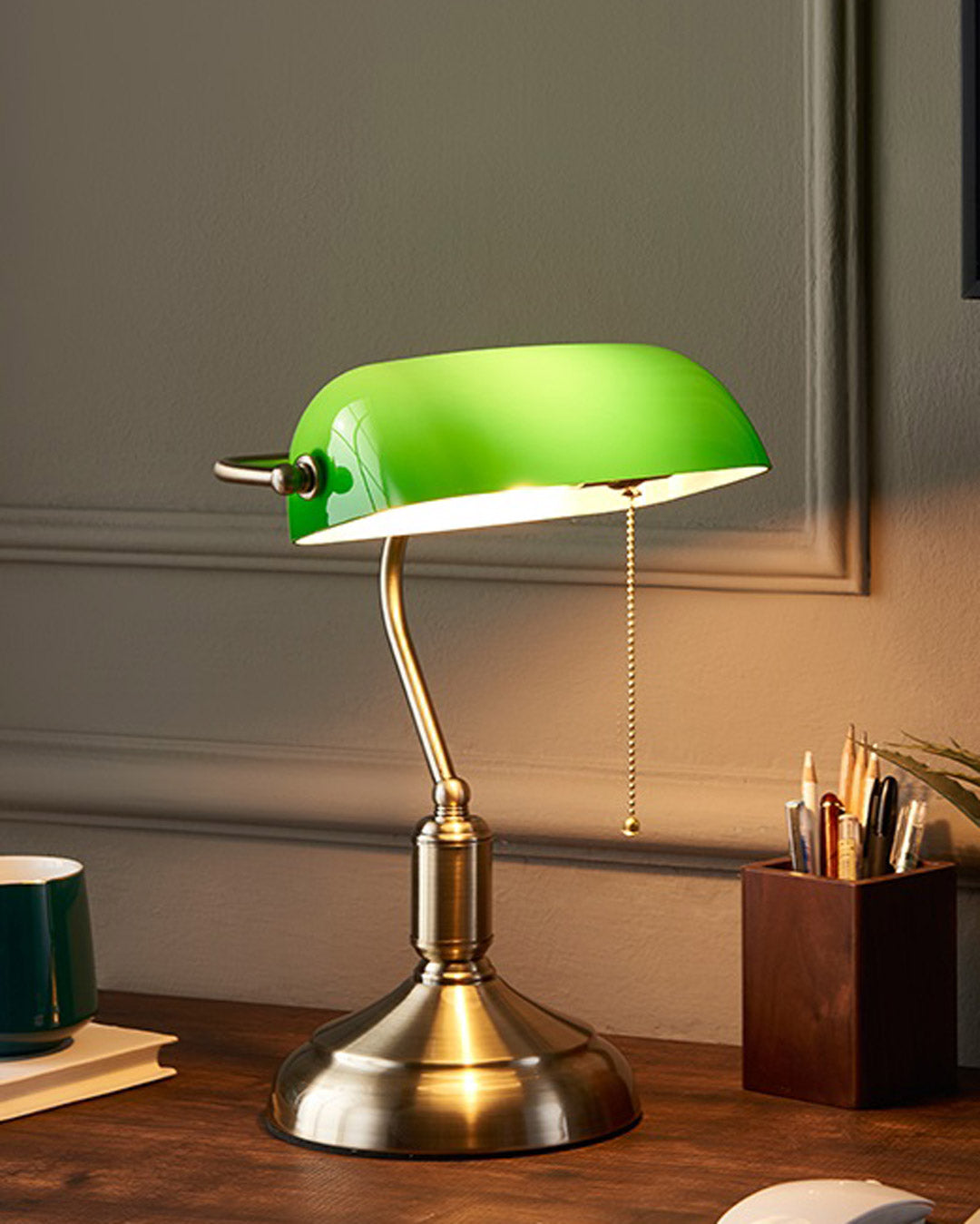 Brass Base Emerald Glass Banker Lamp