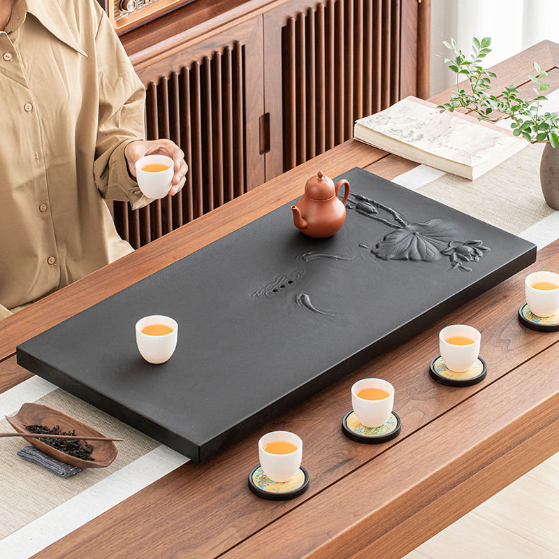Black Stone Tea Tray with Engraved Lotus and Fish Design