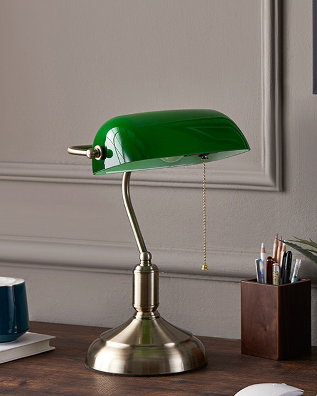 Brass Base Emerald Glass Banker Lamp