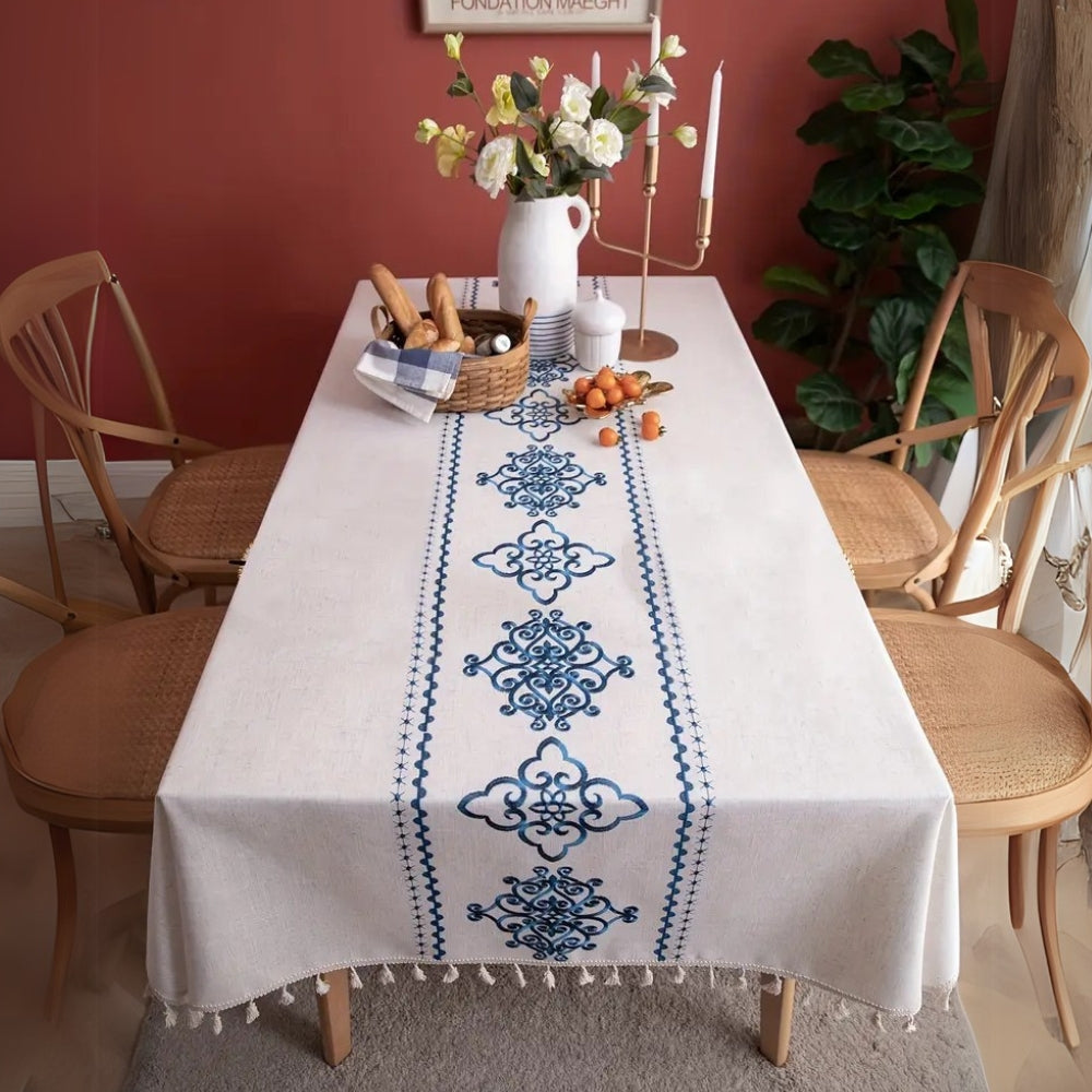 Embroidered Ivory Tablecloth with Jacquard Detailing