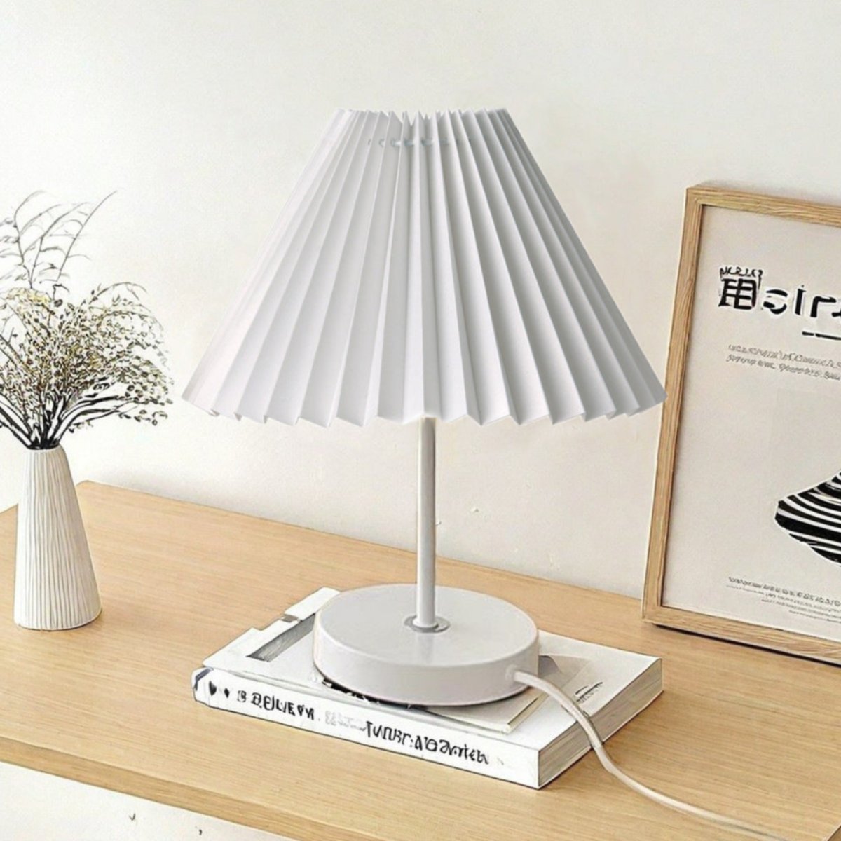 Dimmable Pleated Fabric Table Lamp with Iron Base
