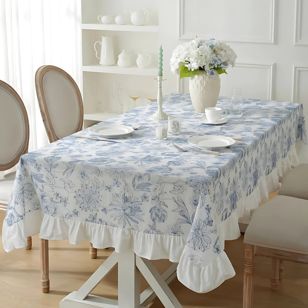 Blue Floral Lace Tablecloth with Ruffled Edges
