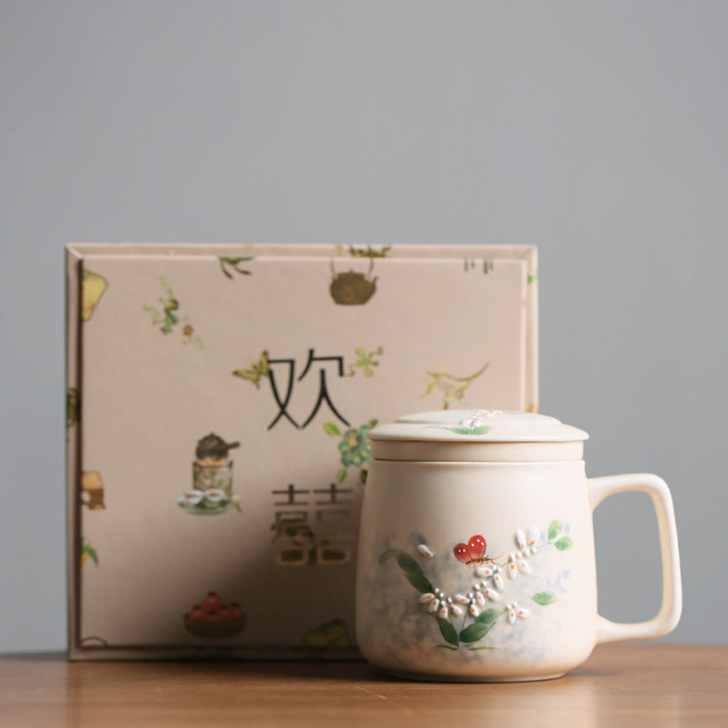 Dancing Butterfly Ceramic Tea Cup with Infuser and Lid