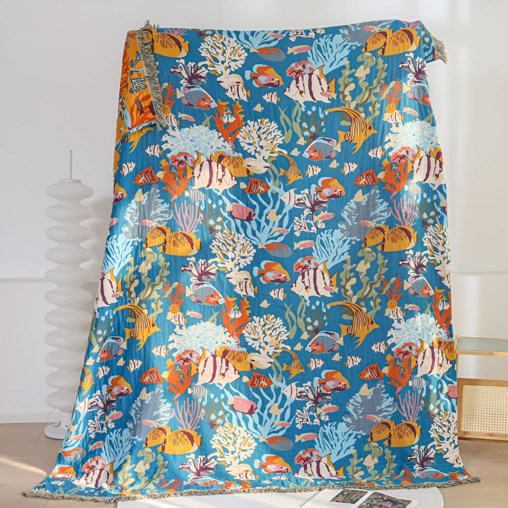 Underwater Coral Cotton Blanket with Colorful Fish Design