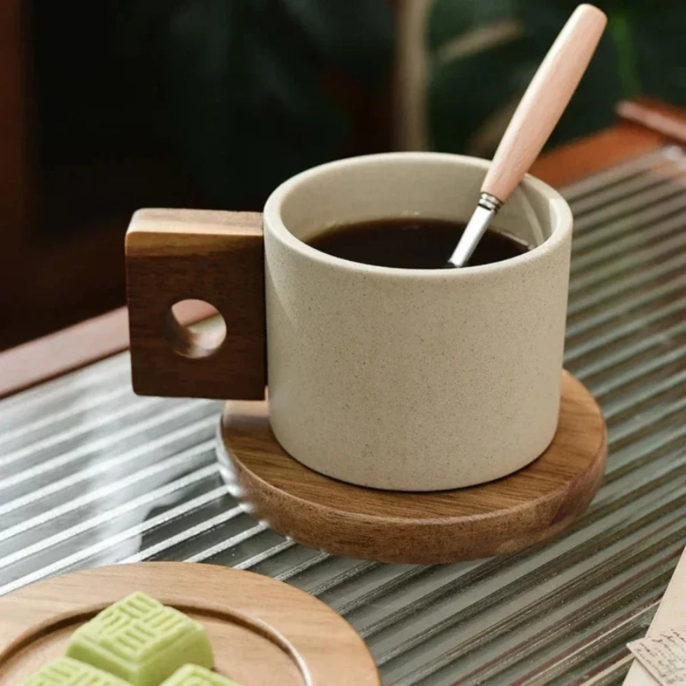 Modern Ceramic Mug with Wooden Handle