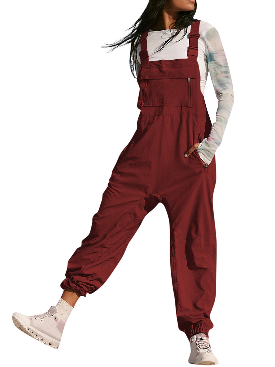 Loose Fit Women's Cargo Overalls with Zippered Pockets