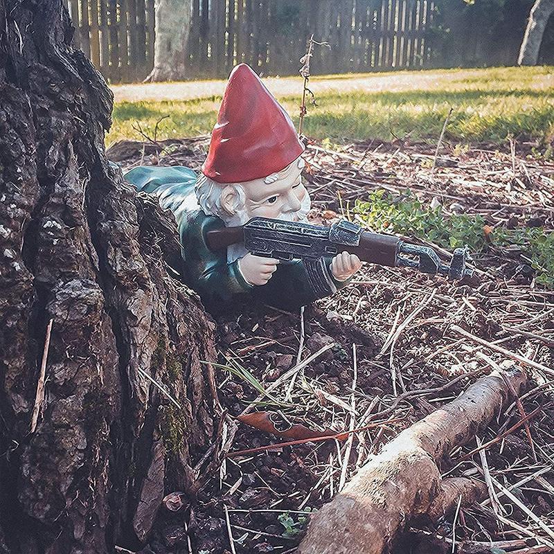 Military Garden Gnome Statue in Camouflage with AK47