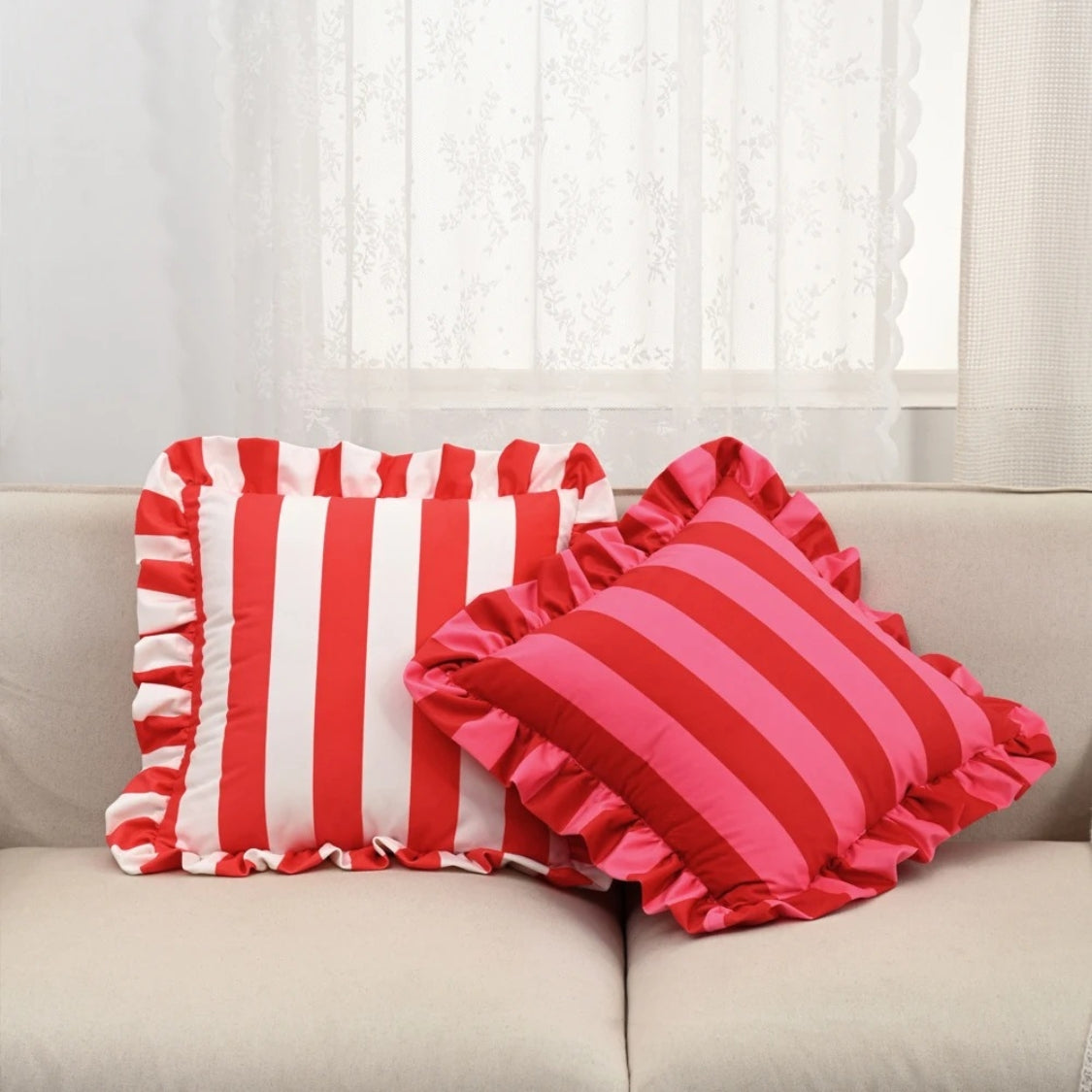 Striped Ruffle Cushion Cover in Soft Microfiber