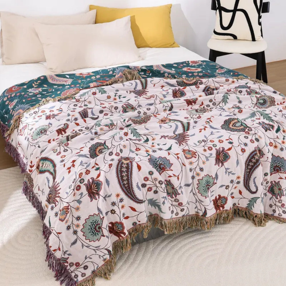 Reversible Floral Cotton Blanket with Tassels