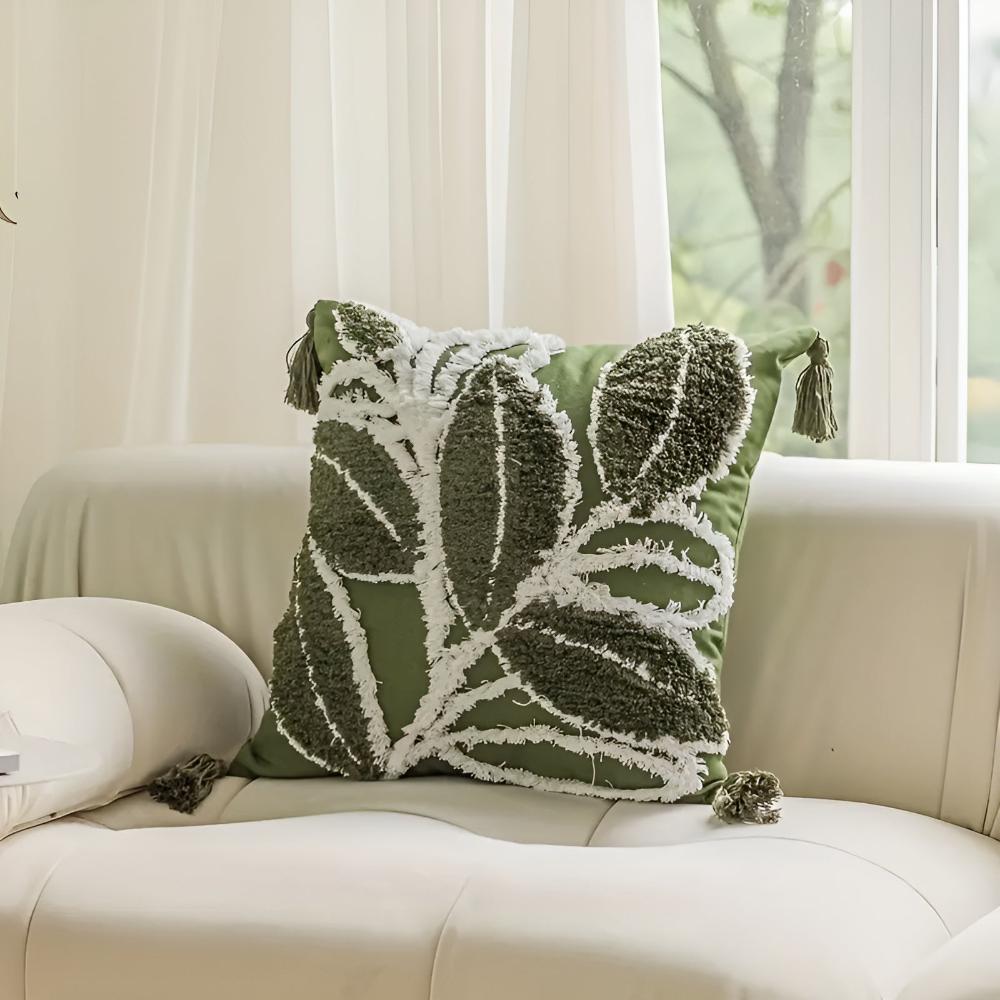 Leaf Motif Plush Cushion Cover with Tassel