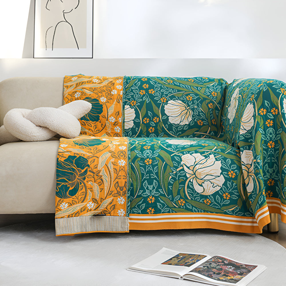 Botanical Green Cotton Blanket with Golden Border