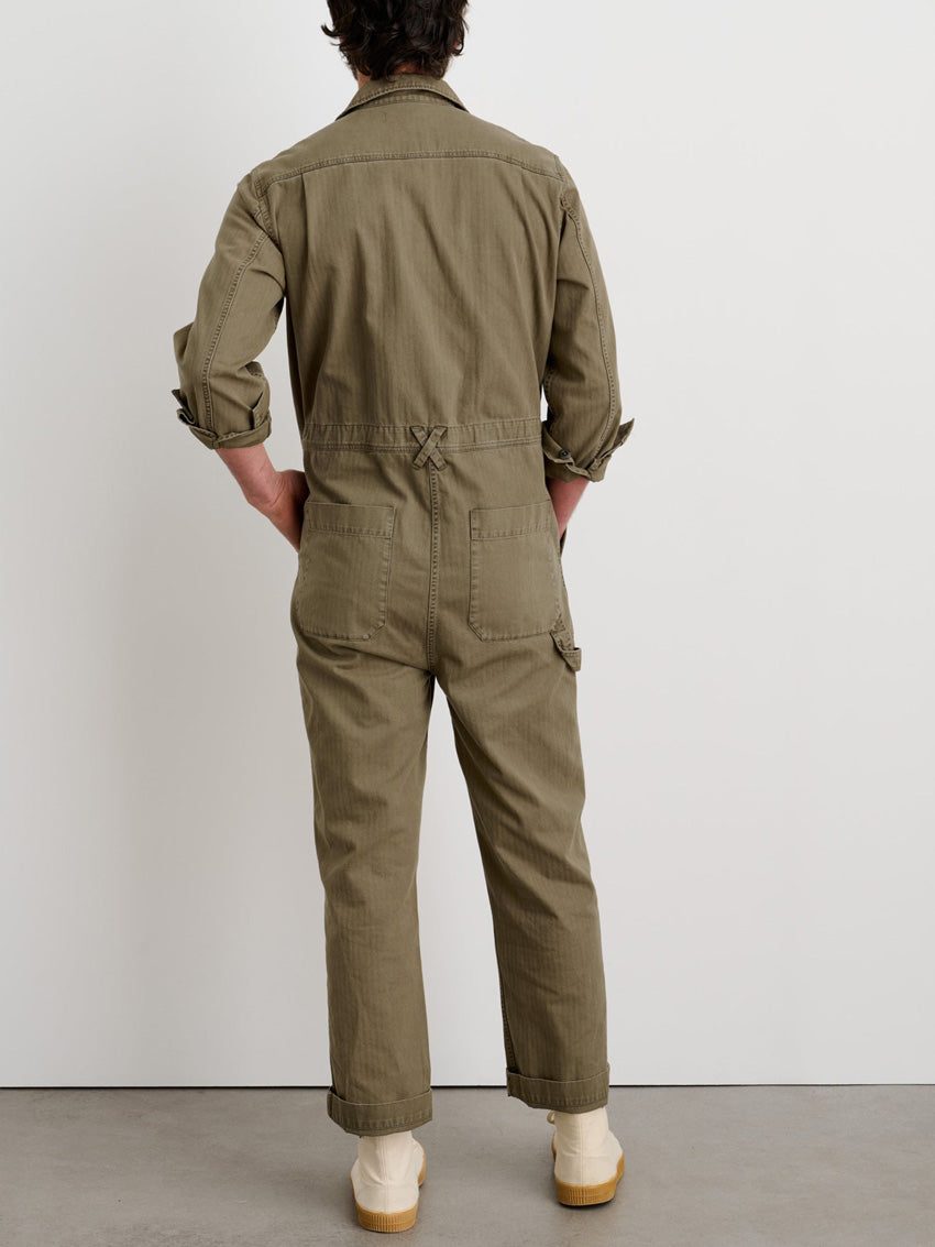 Men's Slim Fit Military Zip Jumpsuit in Cotton Herringbone