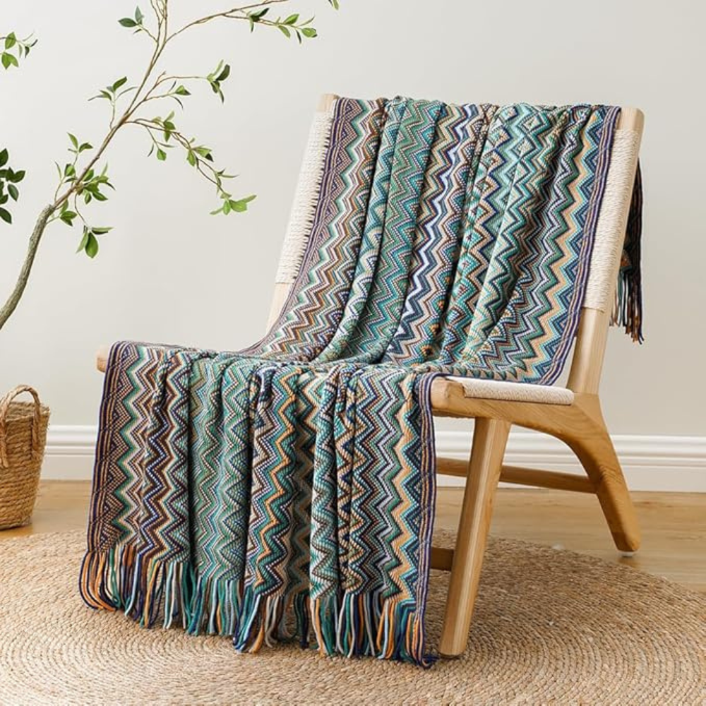 Multicolor Boho Zigzag Knit Throw Blanket with Tassels