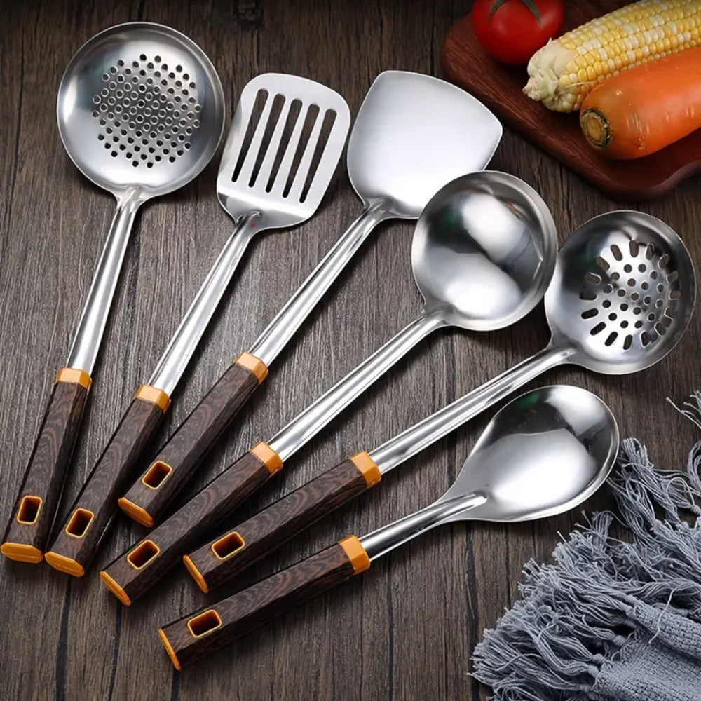 Wood Grain Stainless Steel Cooking Utensils Set - 6 Pieces