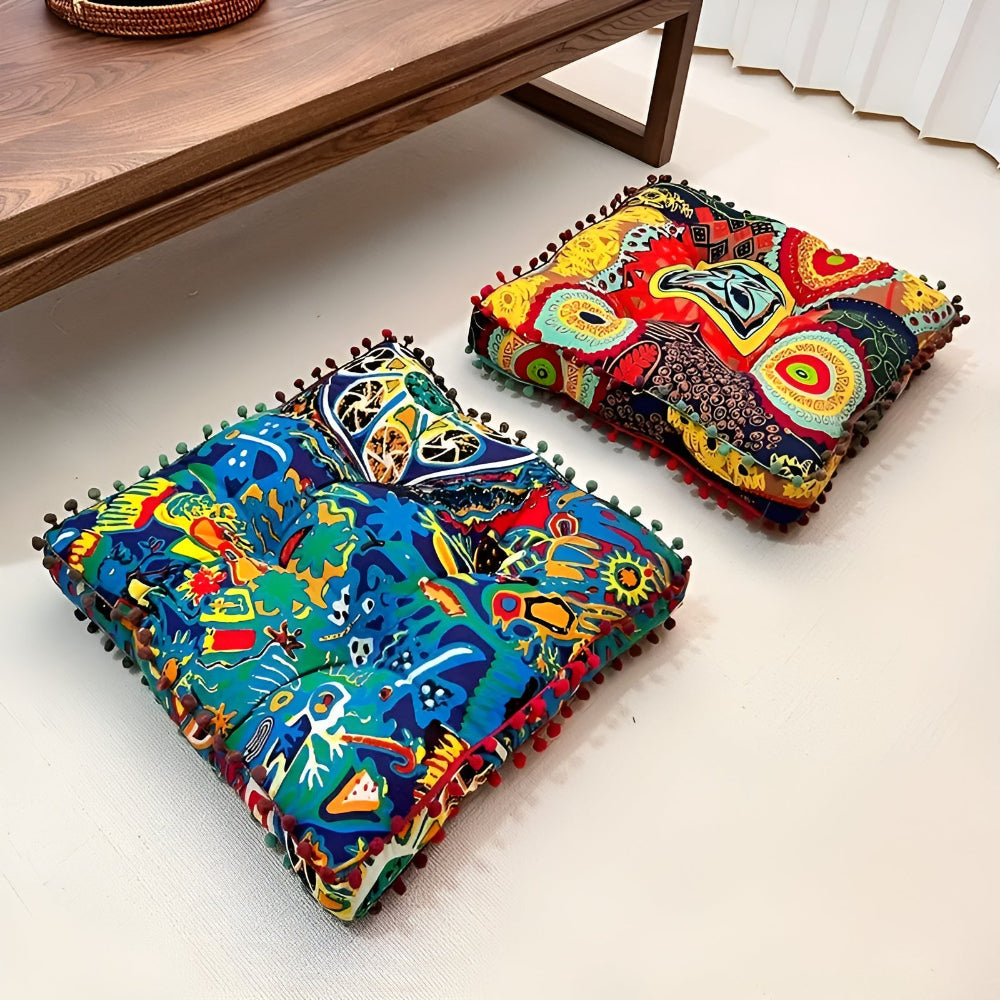 Bohemian Square Floor Cushion with Pom-Pom Edges