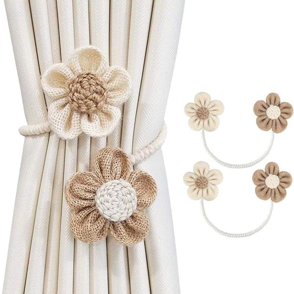 Floral Hemp Curtain Tiebacks - Rustic 2 Piece Set