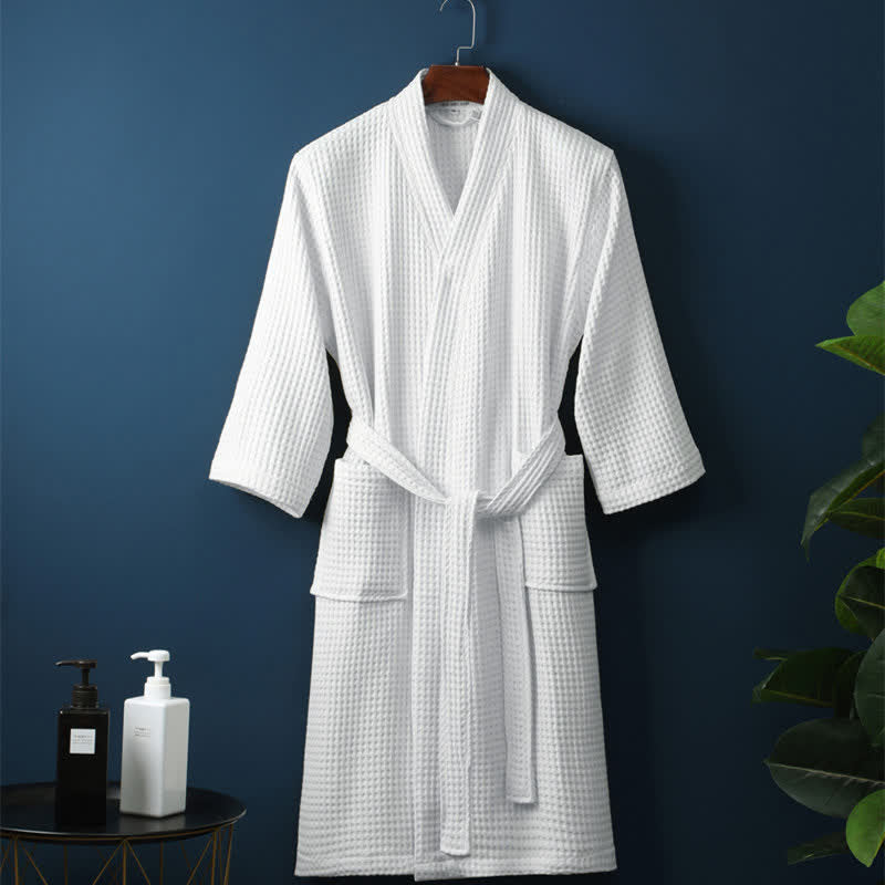 Waffle V-neck Cotton Bathrobe with Pockets