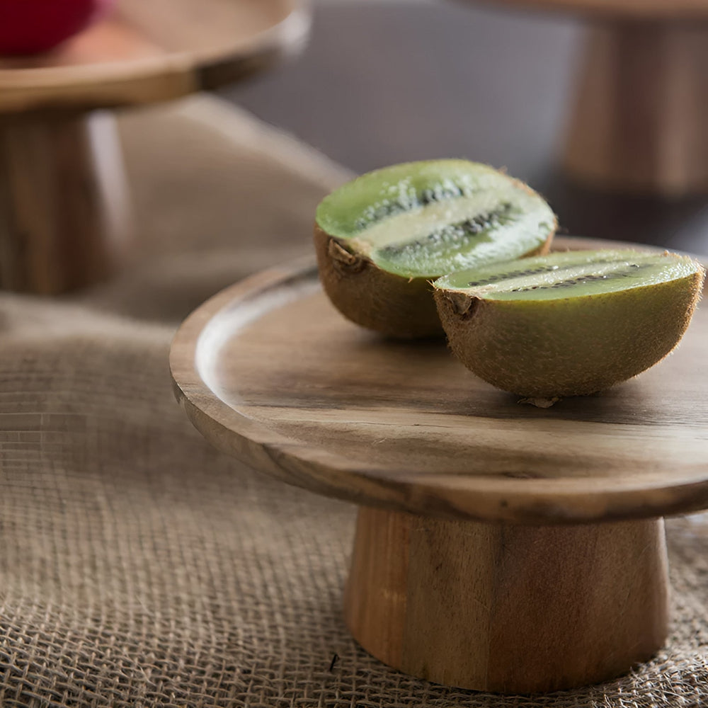 Round High Stand Wooden Cake Plate in Natural Finish