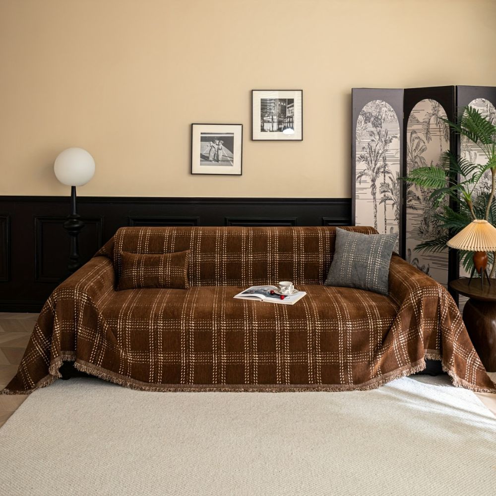 Chesterfield Plaid Chenille Sofa Cover with Anti-Slip Design