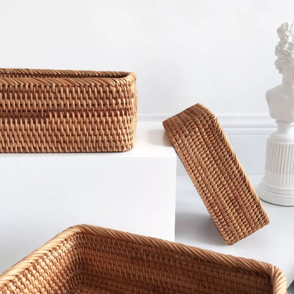 Hand-Woven Rectangular Rattan Storage Basket