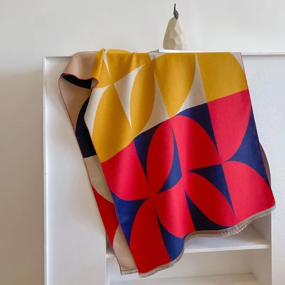 Reversible Geometric Color Block Poncho Scarf
