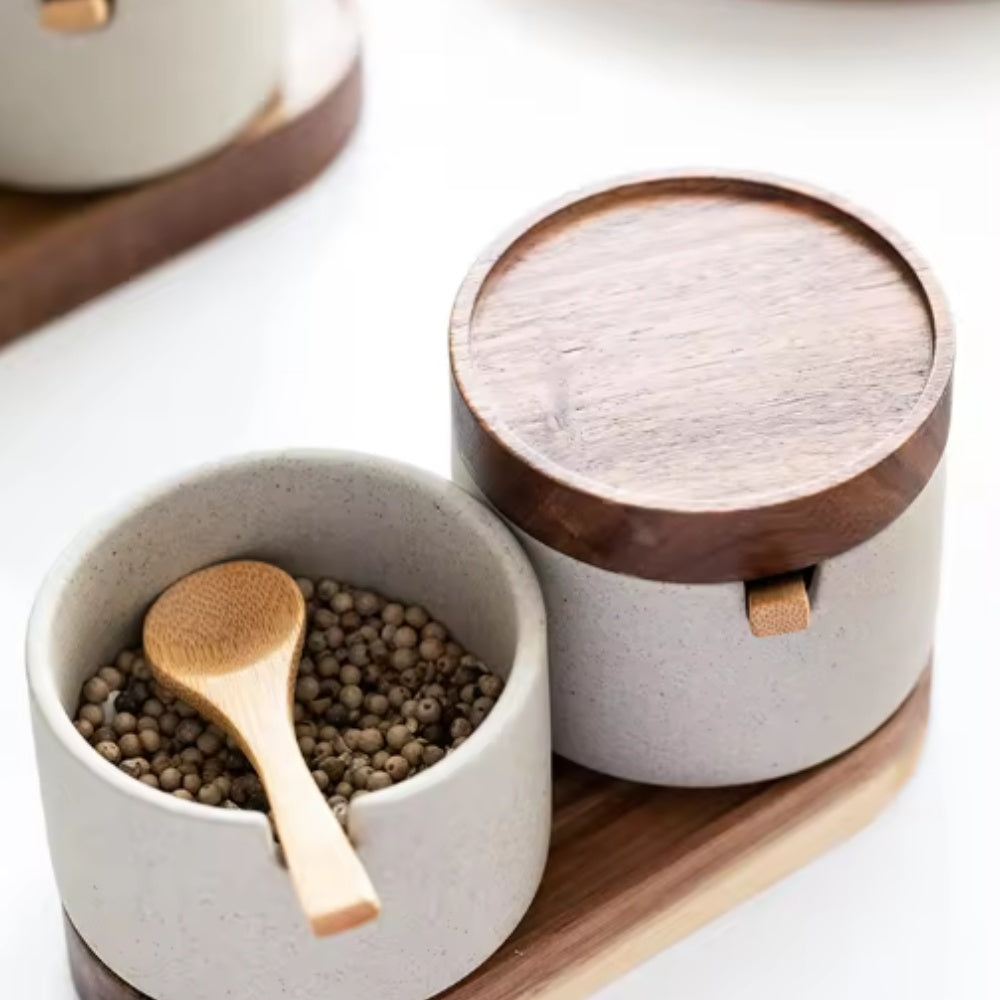 Ceramic Seasoning Jar Set with Wooden Lids