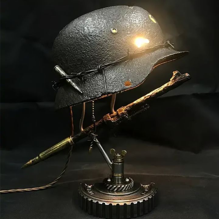 Vintage Steel Military Helmet Table Lamp with LED Flame Effect